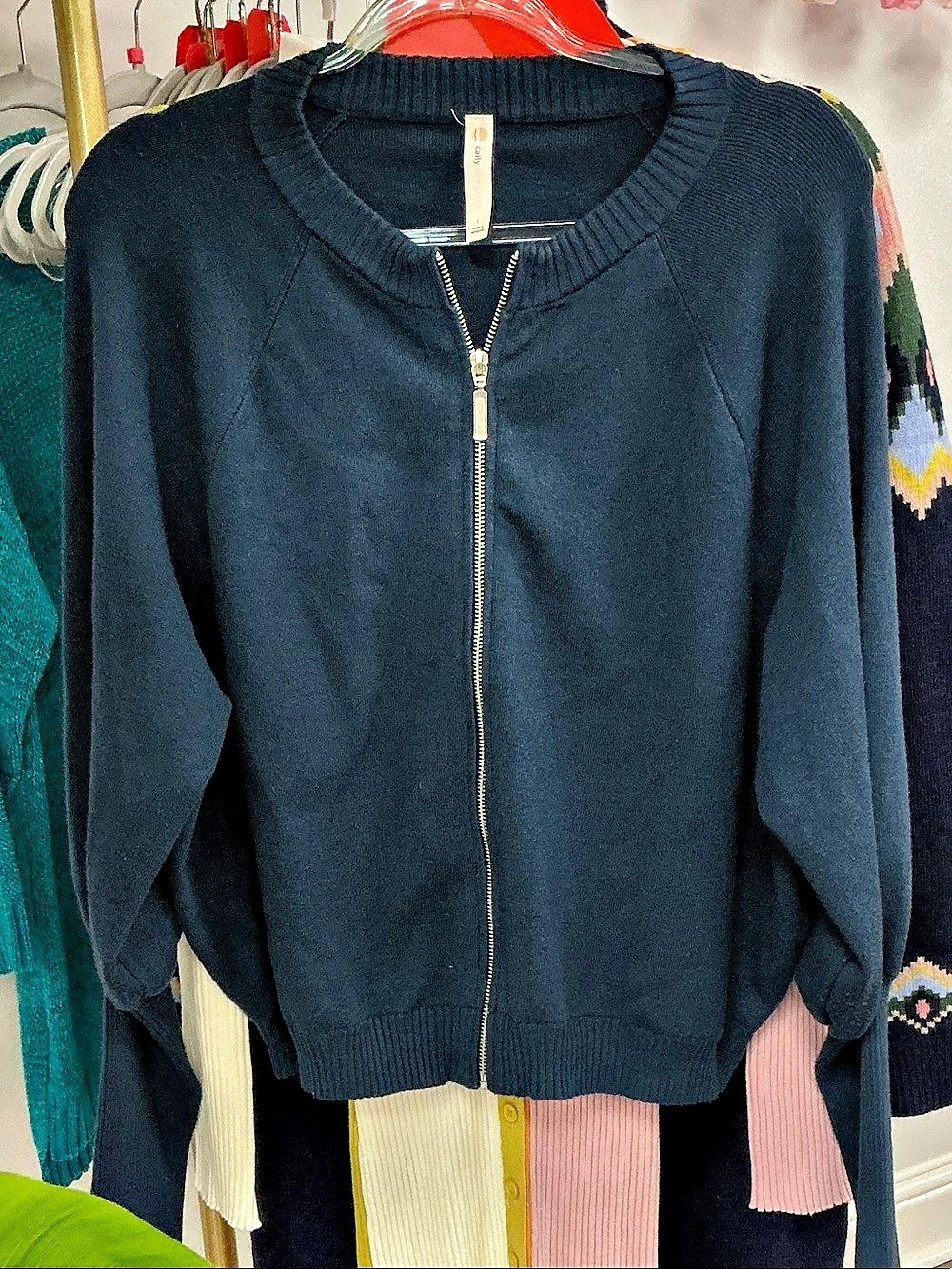 Zip-Front Crewneck Sweater in Blue Like New